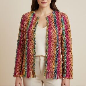 SANDY STARKMAN Vintage Art To Wear Woven Knotted Rainbow Ribbon Fringe Jacket